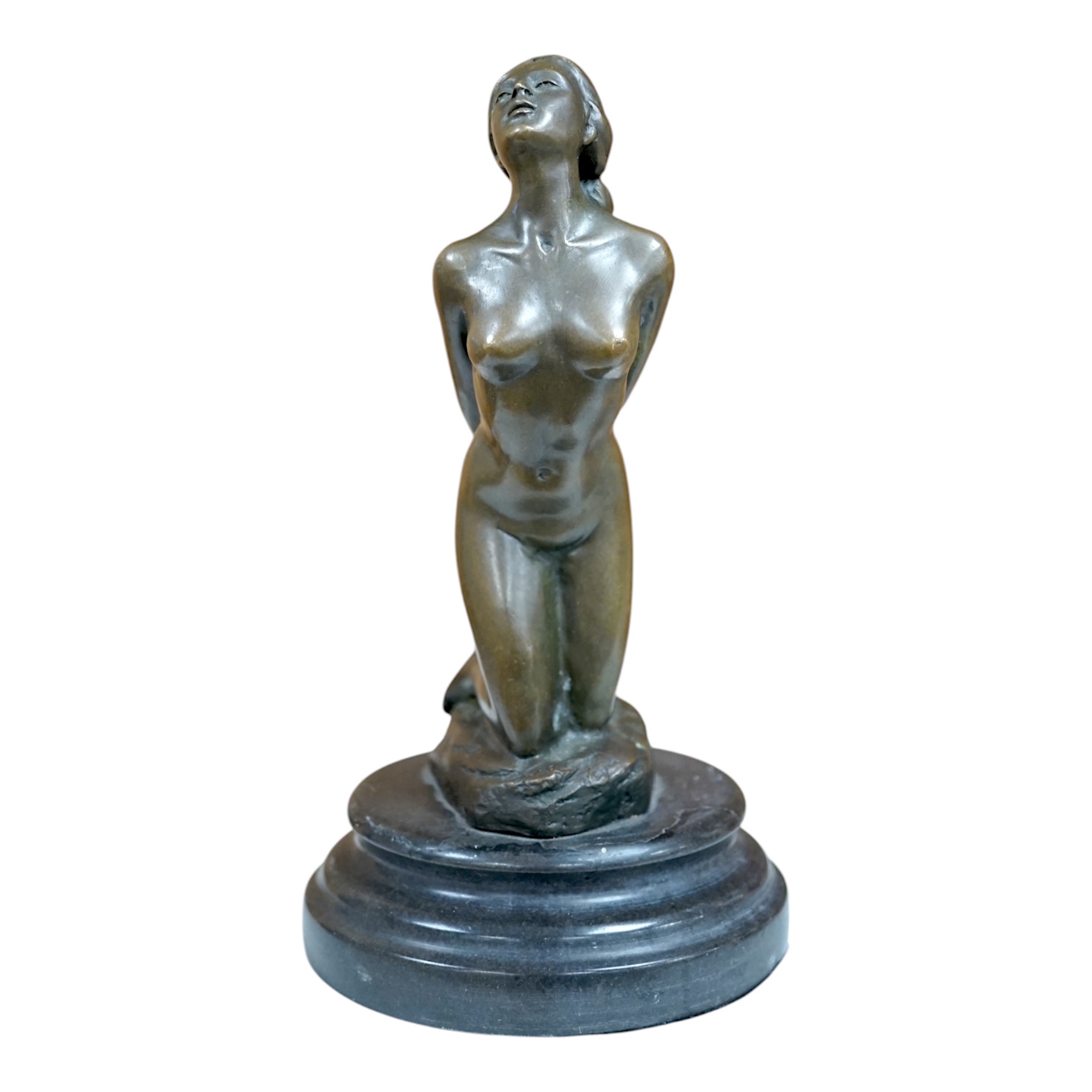 After Jean Patoue (1887 - 1936), a small bronze study of a bound nude lady, J.B. Deposse foundry mark, 21cm. Condition - base has crack around the entire diameter, possibly restored.